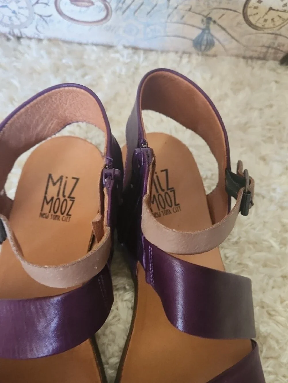 Miz Mooz Meadow Purple Leather Strappy Ankle Sandals with Tan Footbed - Picture 5 of 10